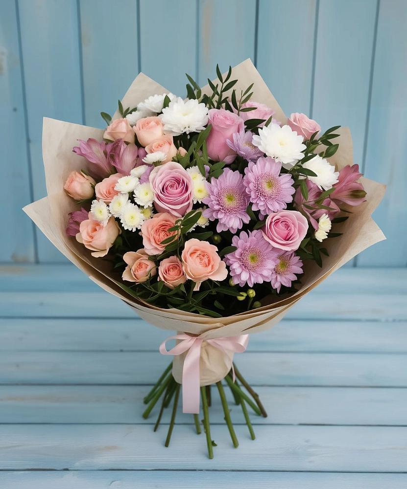 Букет цветов из: Хризантемы, Розы и Альстромерии в Савино Новгородская область
