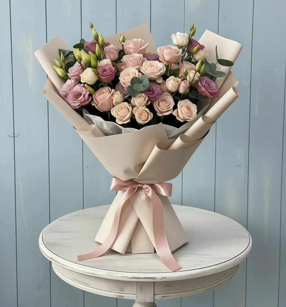 Букет цветов из: Розы и Лизиантусы в Савино Новгородская область