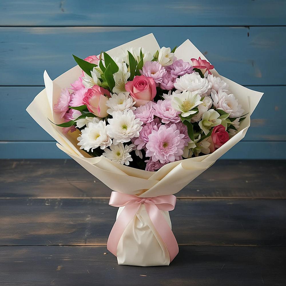 Букет цветов из: Хризантемы, Альстромерии и Розы в Савино Новгородская область